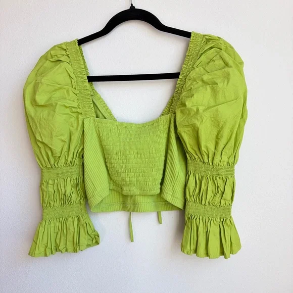 Urban Outfitters Lime Green Puff Sleeve Tie-Front Crop Top - Picture 4 of 4